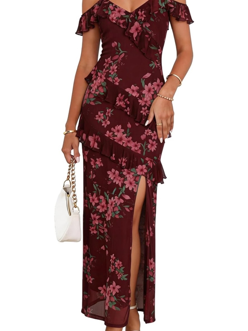 Floral Ruffle Maxi Dress in Burgundy with Pink Blossoms